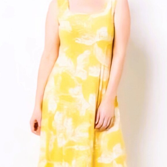 Susan Graver Sleeveless Midi Dress PXL Square Neck Yellow Gold Palm Fit & Flare - Picture 1 of 8
